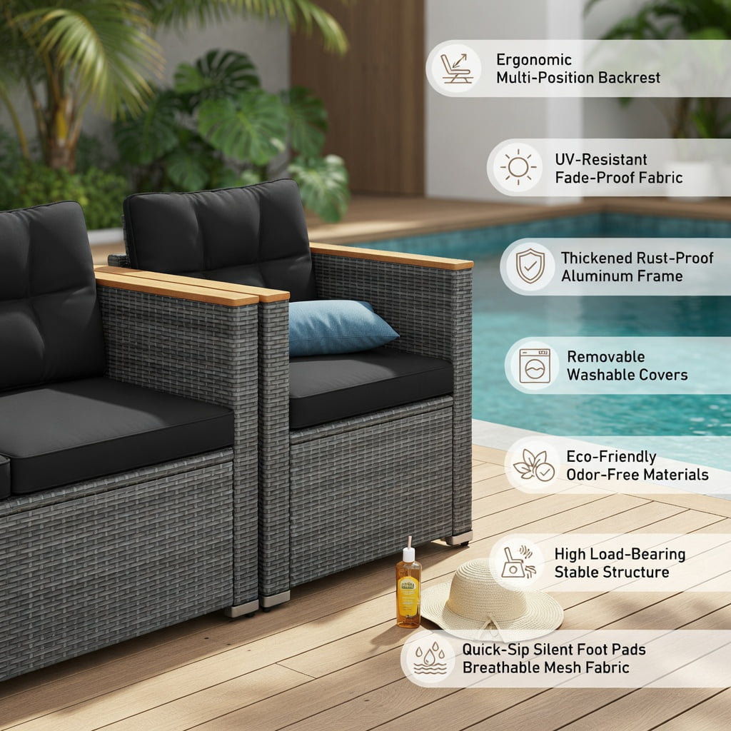 Hommoo 3-Seat PE Rattan Patio Sofa Set with Deep Seating, Removable Cushions & Acacia Wood Frame, Woven Outdoor Loveseat for Deck, Porch, Backyard, Black