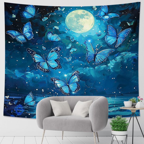 Generic Butterfly Tapestry Watercolor Moon Cloud Oil Painting Ocean Nature Landscape Galaxy Blue Polyester Backdrop Decorative Bedroom Ceiling Headboard Couch Club Tapestry One Piece 60x50 Inch