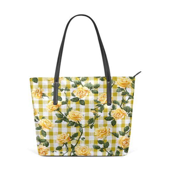 Tote Bag Aesthetic leather Handbags with Zipper for Women Travel Shoulder Bags Purses with compartment. Gingham Pattern Yellow Roses