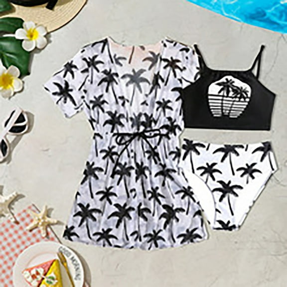 Swimsuit For Girls Cute Girl'S 3 Piece Bikini Sets Tropical Spaghetti Strap Swimsuit With Coverup Black 10Y