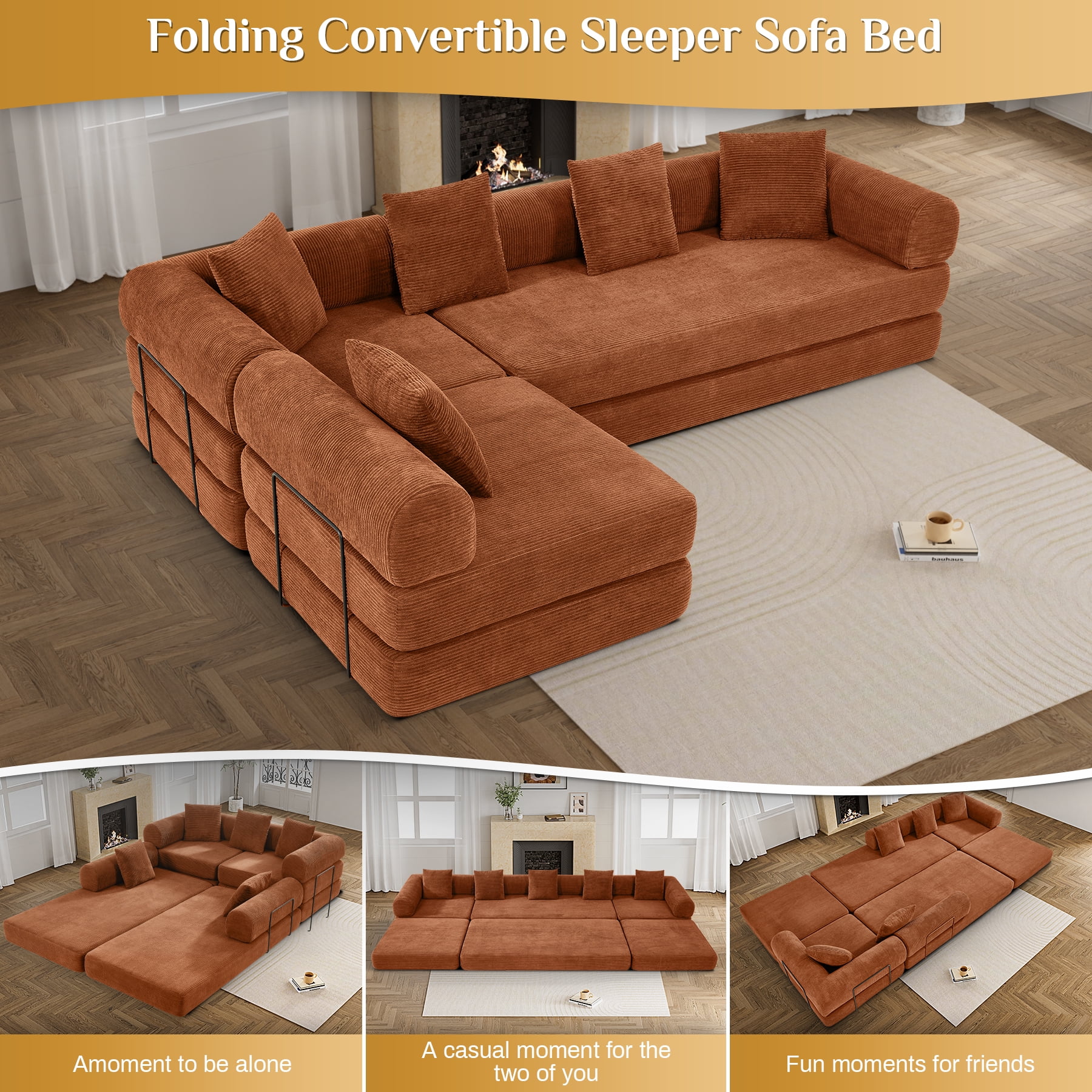 157" Convertible Sleeper Sofa Bed,Corduroy Futon Sofa Couch with High-Density Foam,Deep Seat Sofa for Living Room, Bedroom,Orange