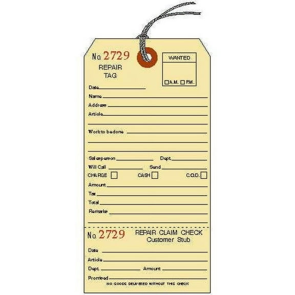 REPAIR Tags with Tear-Off Stub, Numbered, Strung - Pack of 25