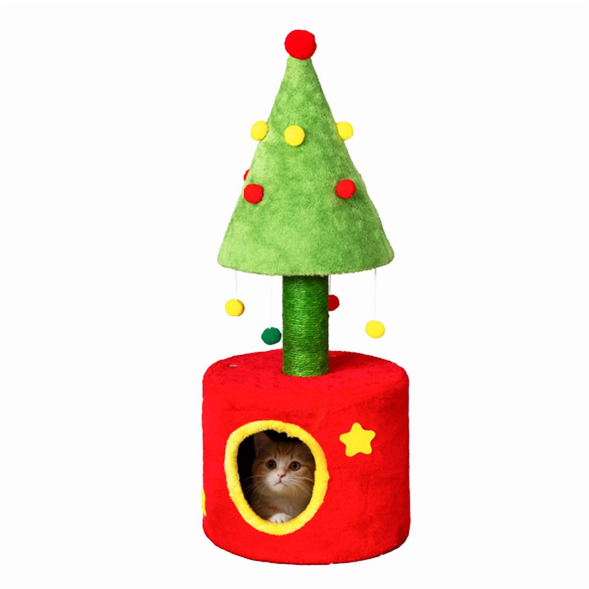 30in Christmas Cat Tree with House & Scratching Post - Red & Green Cat Tower with Hanging Balls for Kittens & Small Cats