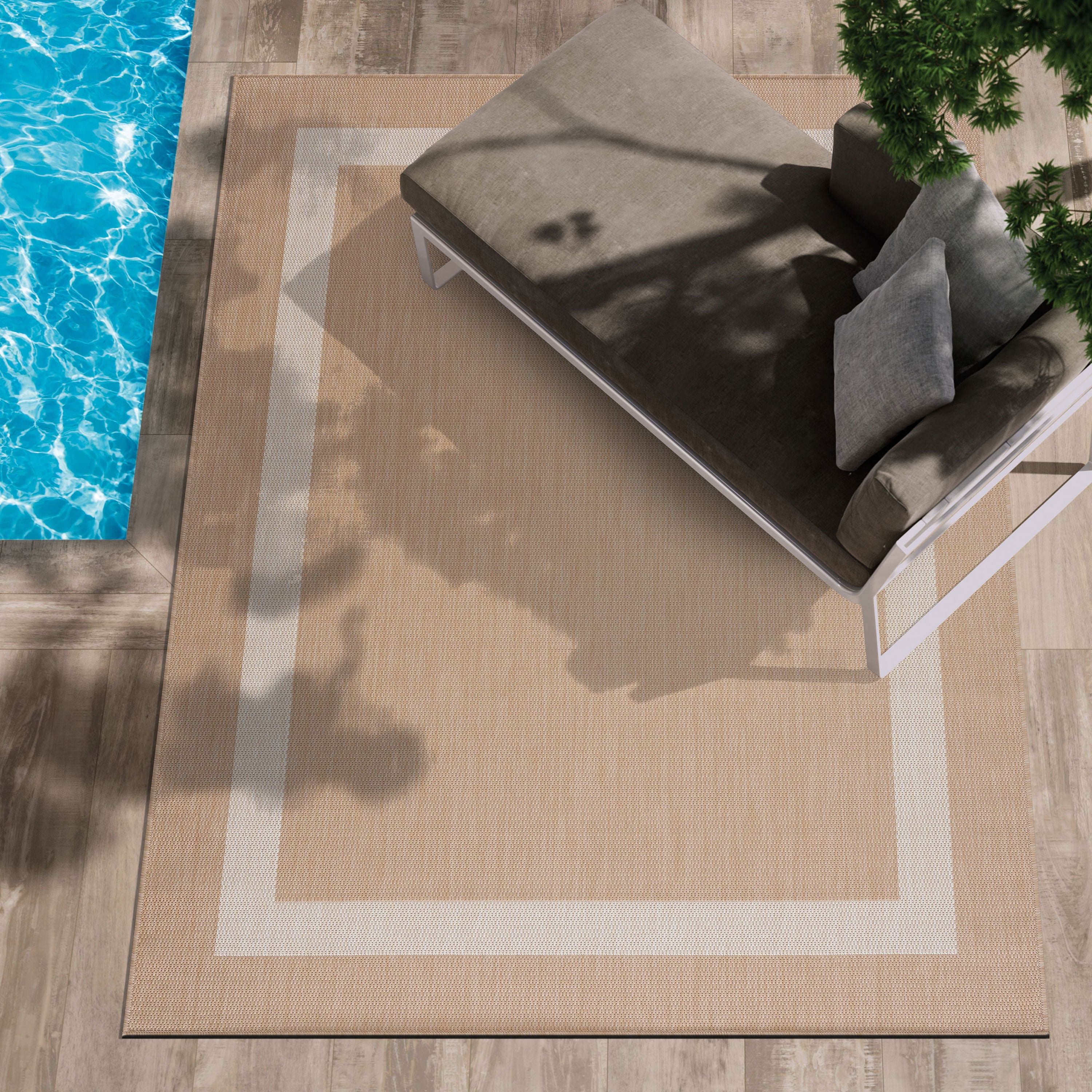 CAMILSON Bordered Washable Indoor Outdoor Area Rug Beige 5 x 7