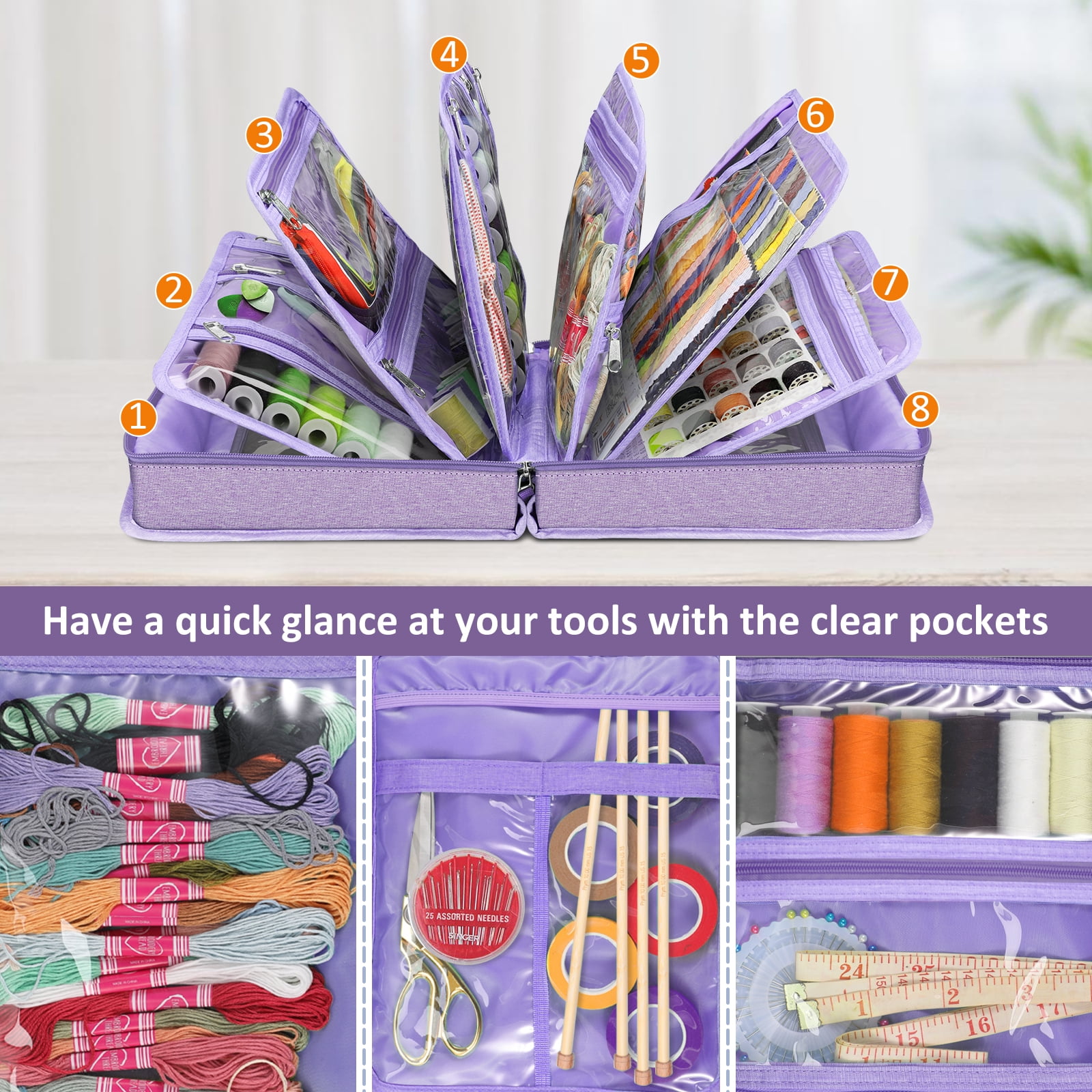 FINPAC Sewing and Craft Supplies Storage Tote, Large Capacity Travel Packing Organizer Bag with Clear Pockets and Handle for Knitting, Crochet, Art, Sewing Accessories, Lavender