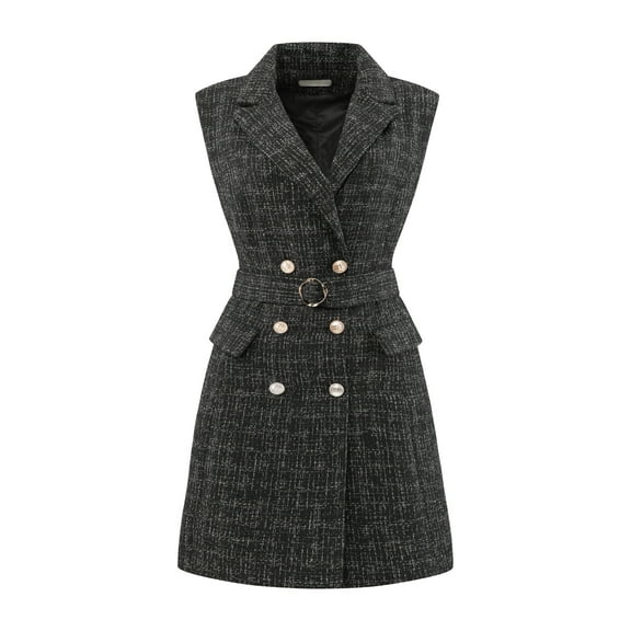 DARING DIVA Tweed Collared Belted Button Down Blazer Dress S Black