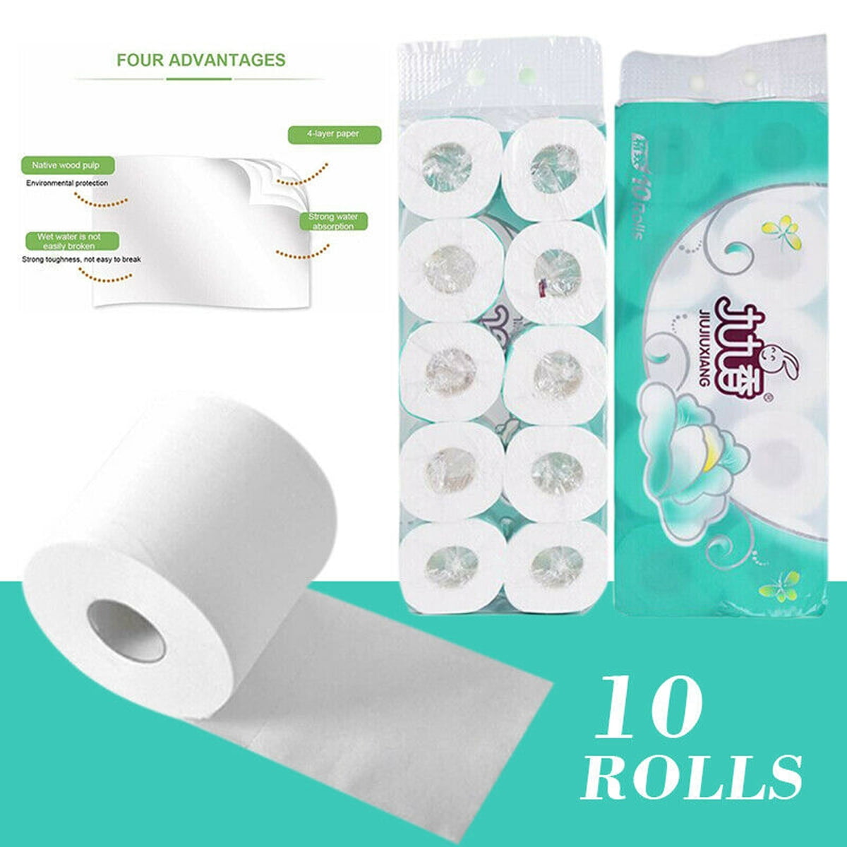 Toilet Rolls Tissue 4ply 10 Rolls, Toilet Paper Roll Flushable for Home