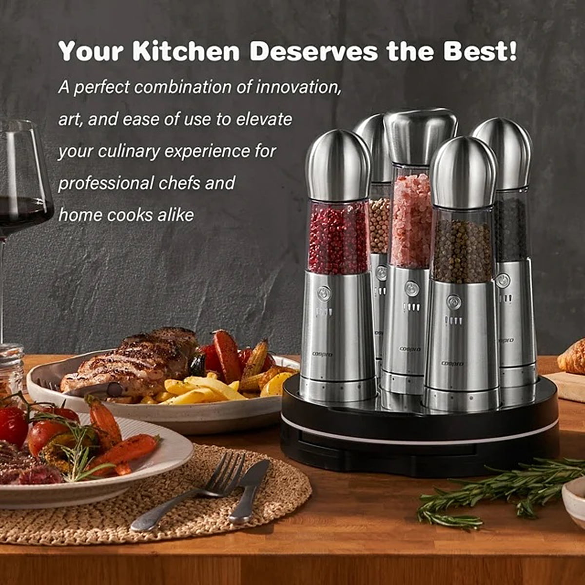 COSPRO 5-in-1 Wireless Charging Electric Salt and Pepper Grinder Set, Rechargeable Automatic Stainless Steel Spice Mill Set - One-Hand to Operate, Adjustable Coarseness, Easy Cleaning