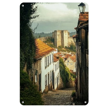 An Antique Portuguese City Landscape Iron Wall Art Piece, 1 Scenic Tin Painting, Weather Resistant Metal Decoration, Suitable for Homes, Offices, Cafes - Pre Drilled for Easy Hanging
