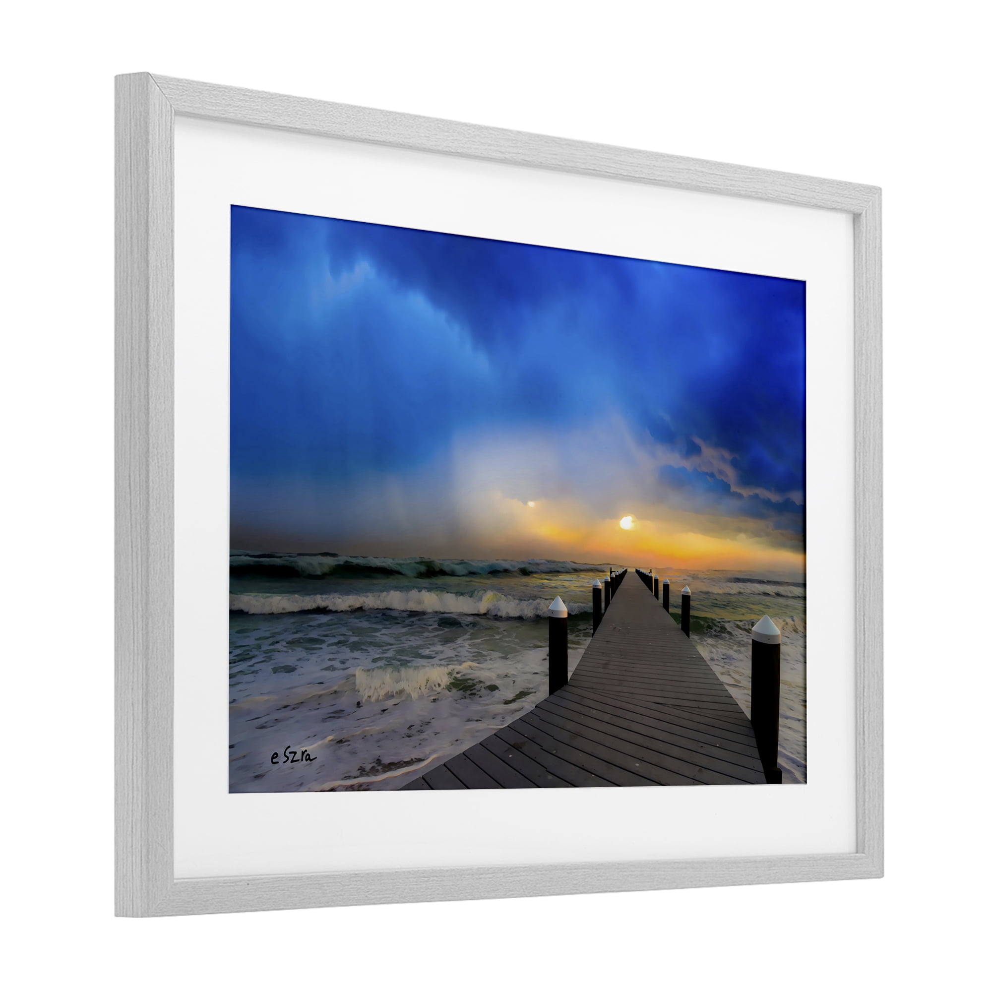 Stupell Industries Sun Breaking Over Sea Pier Gray Framed Print Under Glass, design by Eszra Tanner