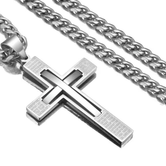 EOEMY Men Cross Pendant Necklace Stainless Steel Crucifix Curb Chain Gold Black Silver-Silver-26Inch Or 66Cm
