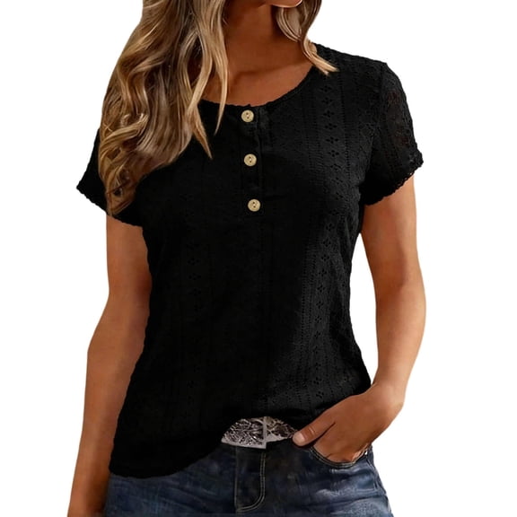 Fmbrln Womens Summer Tops Short Sleeve Crewneck Hollow Out Shirts Casual Breathable Lightweight Solid Tees Blouses