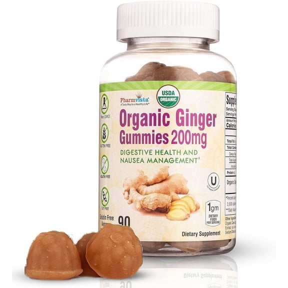 Pharmvista - Organic Ginger Gummies 200mg - Digestive Health and Nausea Management - 90 Count