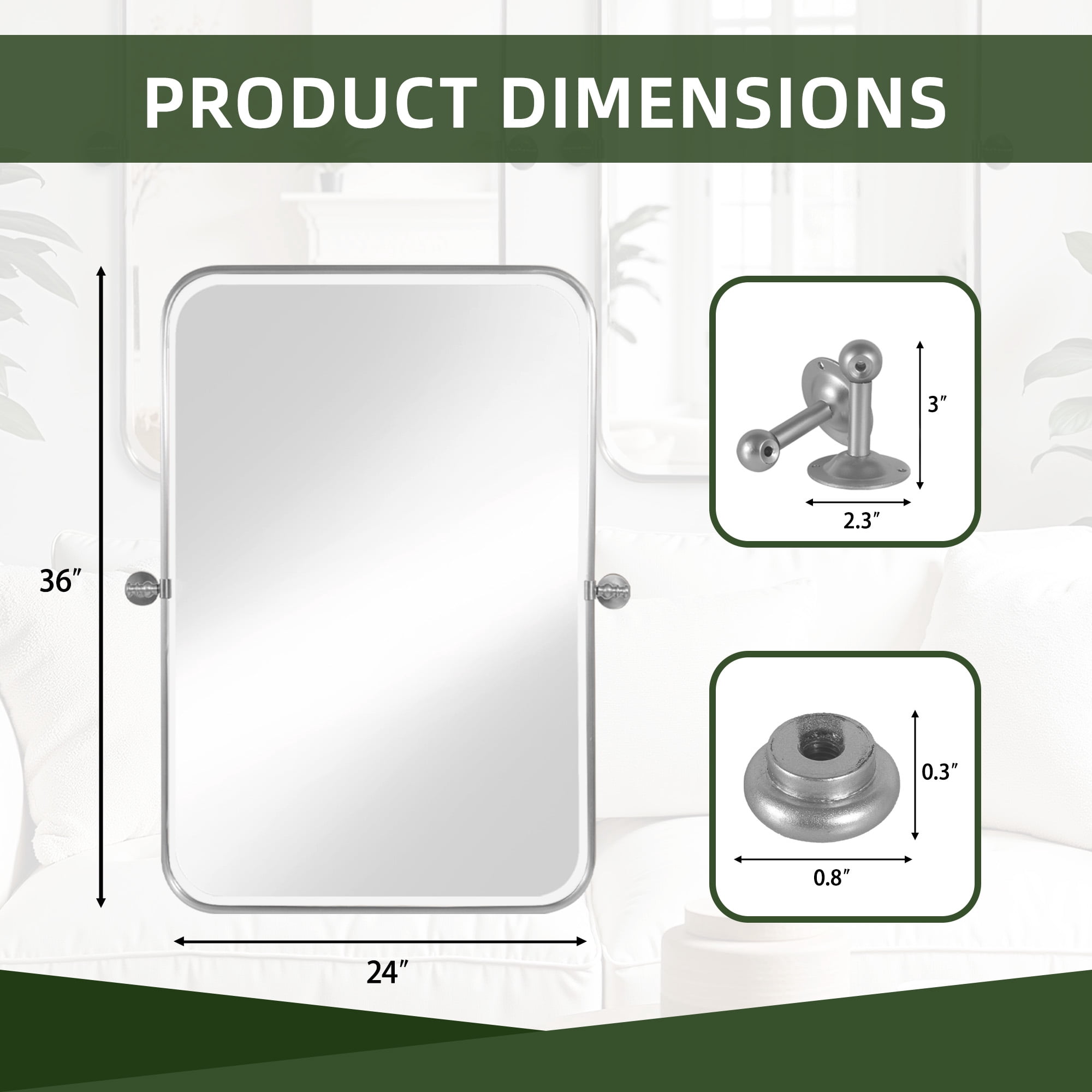 MAYEERTY 36"×24" Silver Iron Rectangular Wall Mirror Rounded Corners, Hardware, Double-Sided for Bathroom