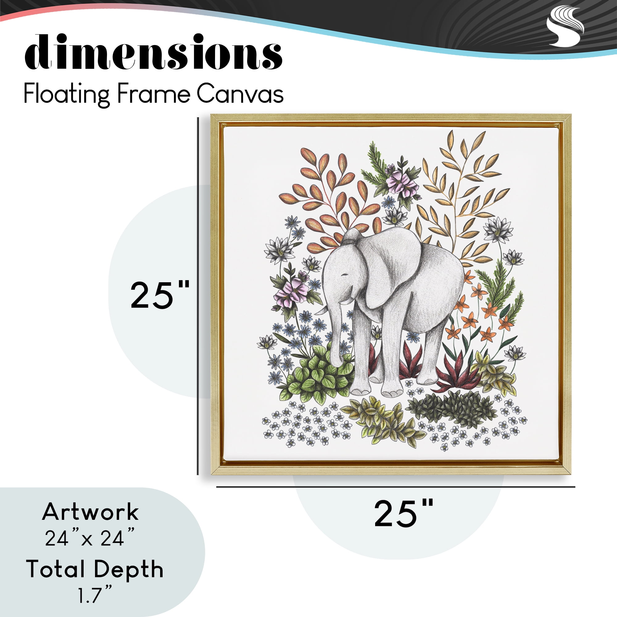 Jungle Wildlife Elephant Gold Framed Floater Canvas Wall Art, design by Cecilia Battaini