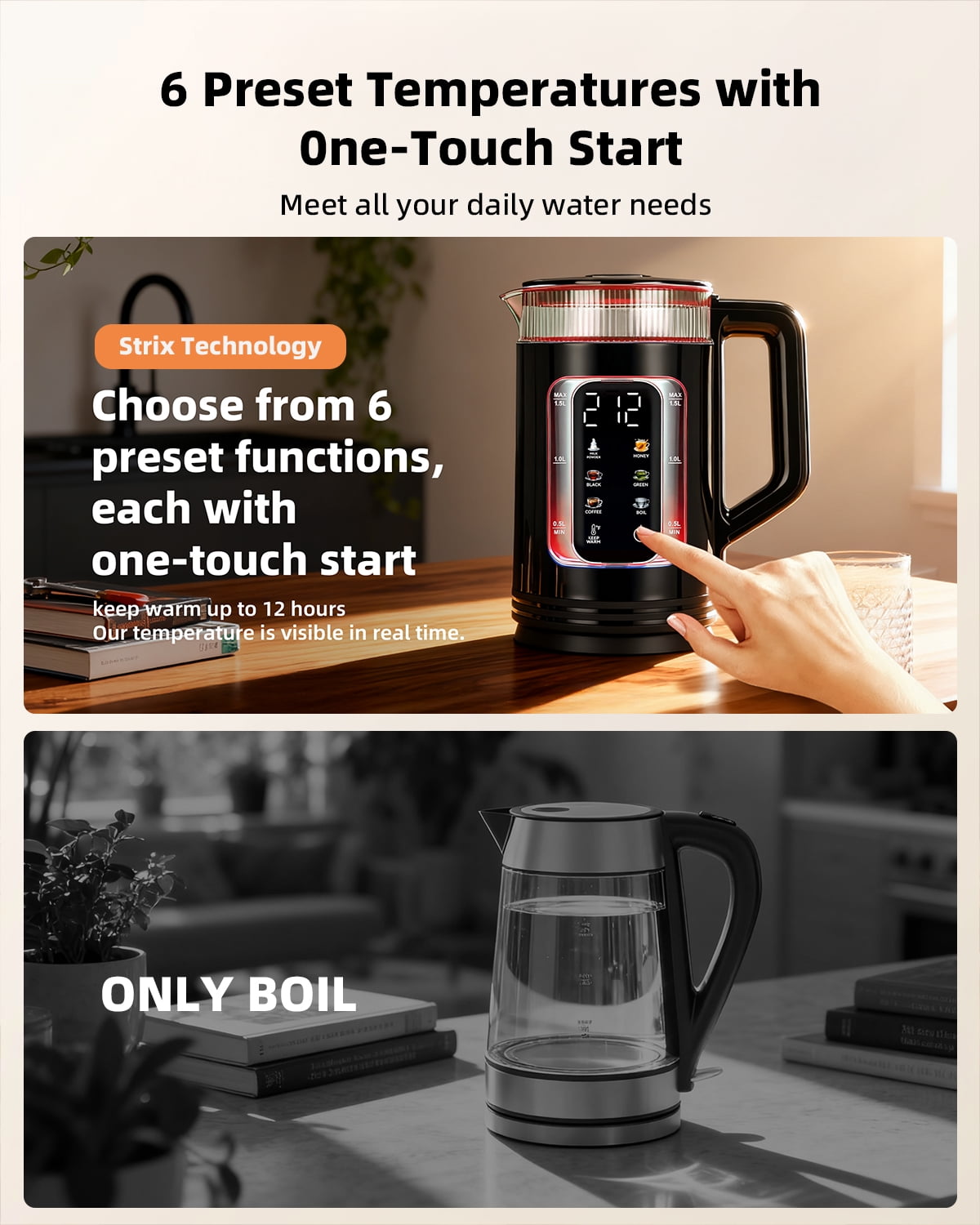 Auriswell Electric Tea Kettle with Temperature Control, 1.5L Glass smart Water Boiler for Tea, Coffee & Boil, Automatic Shut Off, 12h Keep Warm & LED One-Touch 6 Presets