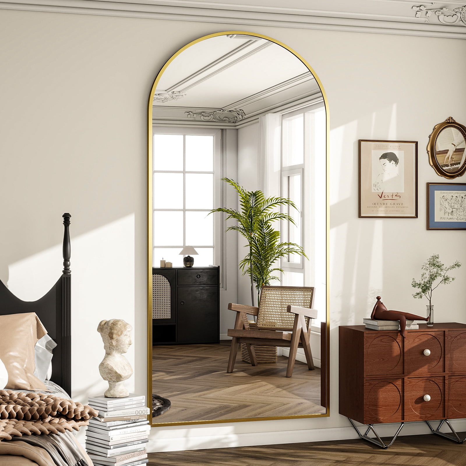 GRAHMCY 78"x35" Arched Full Length Floor Mirror Free-standing Mirror with Aluminum Alloy Frame, Gold