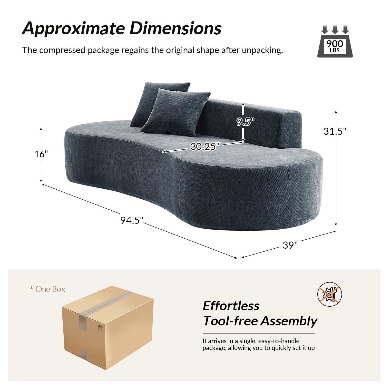 Tina's Home Modern Minimalist 3-Seater Blue Sofa for Adult Living Room Couch with Curved Design No Assembly Required
