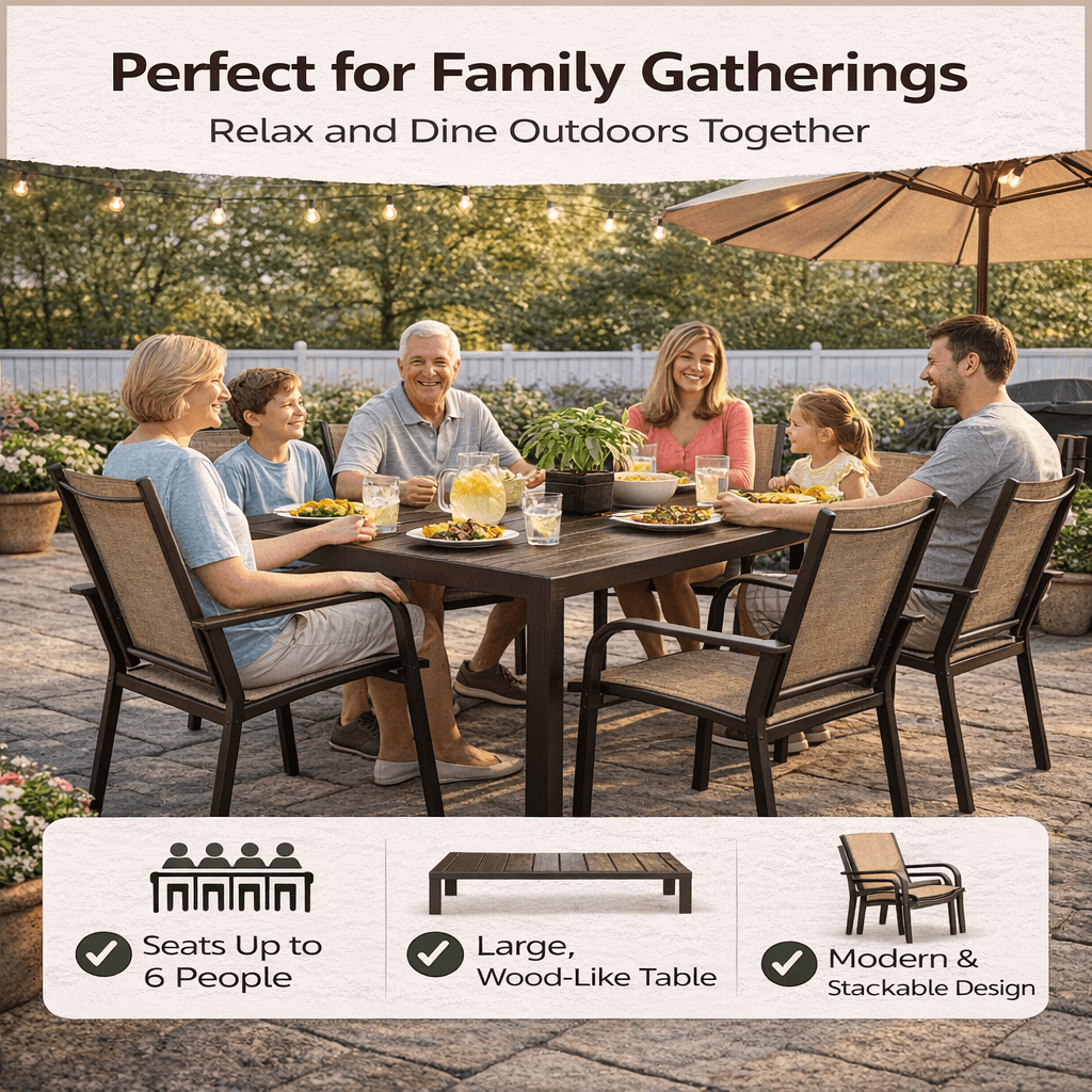 Enyopro 7 Pieces Patio Dining Set, Outdoor Furniture with Rectangular Table & 6 Stackable Textilene Chairs, Weatherproof Steel Frame for Garden Backyard Deck Porch, Brown