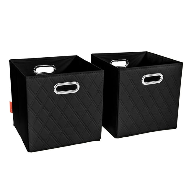 JIAessentials Set of 4 Foldable Faux Leather Cubby Cube Storage Bins Baskets 12 in for Shelves w Dual Handles for Shelves, Organizers & More Medium
