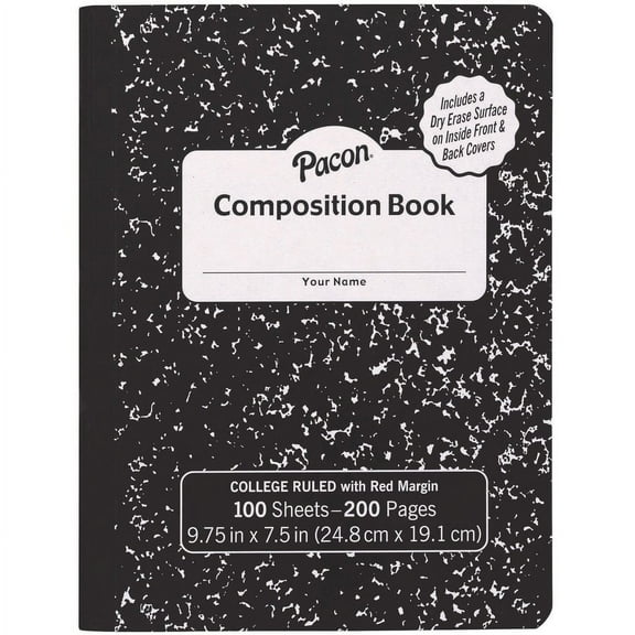 Pacon Composition Notebooks with Red Margin, 7.5 in x 9.75 in, Black Cover, 100 Sheets