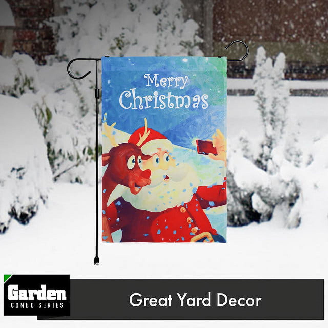 G128 2sets: 36"x16" Garden Flag Stand Black & 12x18" Christmas Garden Flag Santa Reindeer Selfie