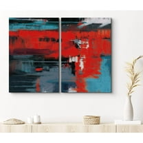 PixonSign Canvas Print Wall Art Set Red, Teal, White, Black and Gray Grunge Brushstrokes Geometric Shapes Illustrations Contemporary Edgy Multicolor Ultra for Living Room, Bedroom, Office - 24"x36"x2