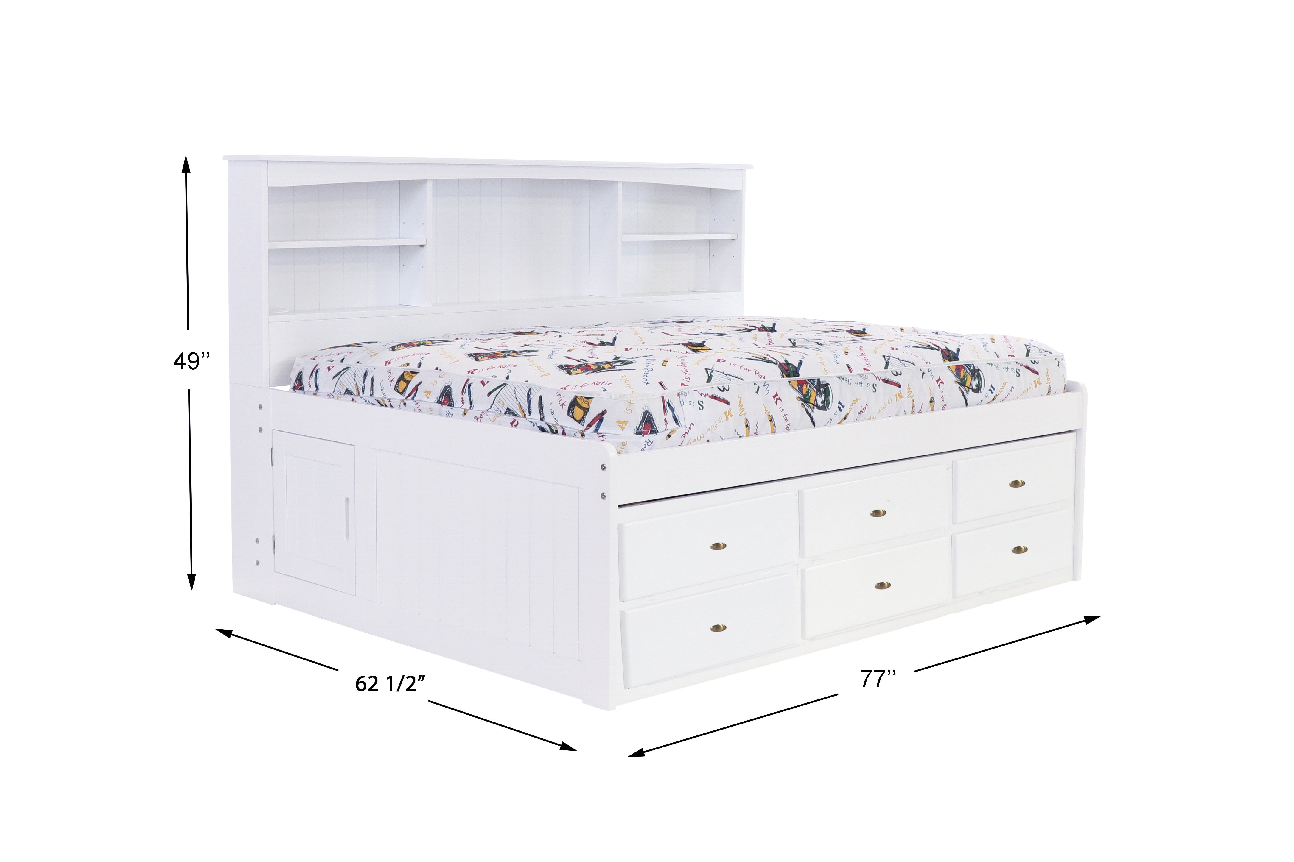 OS Home and Office Furniture Solid Pine Full Bookcase Daybed with Six Drawers in Casual White