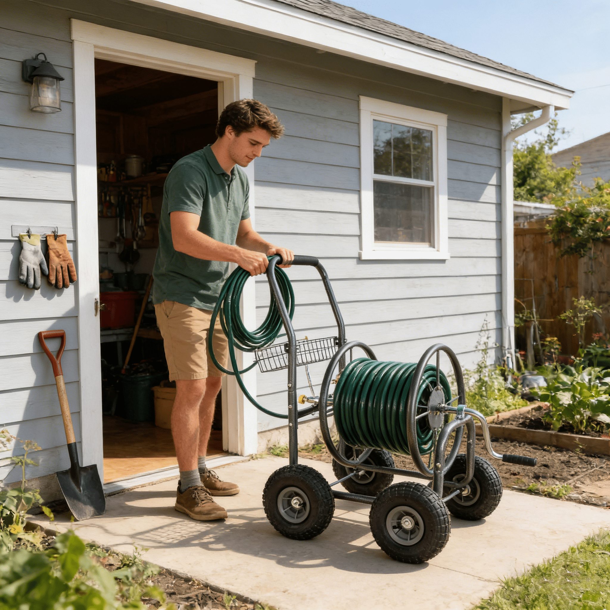 Garden Hose Reel Cart - 4 Wheels Portable Garden Hose Reel Cart with Storage Basket Rust Resistant Heavy Duty Water Hose Holder