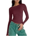 thumbnail image 3 of Jinhomg Long Sleeve Cropped Shirts for Women Solid Color Round Neck Tops Lightweight Slim Fit Underscrubs,Gifts for Women Wine,XS, 3 of 6