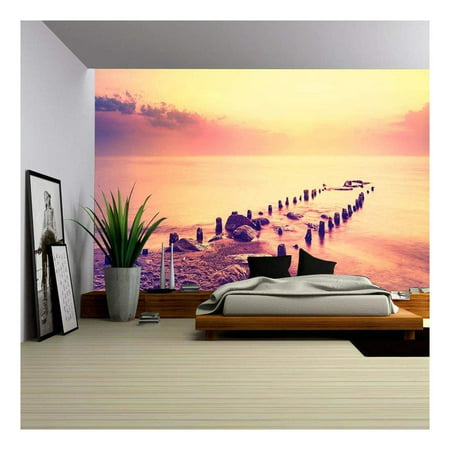 wall26 - After purple sunset, peaceful sea landscape. - Removable Wall Mural | Self-adhesive Large Wallpaper - 66x96 (Best Way To Clean Walls After Removing Wallpaper)