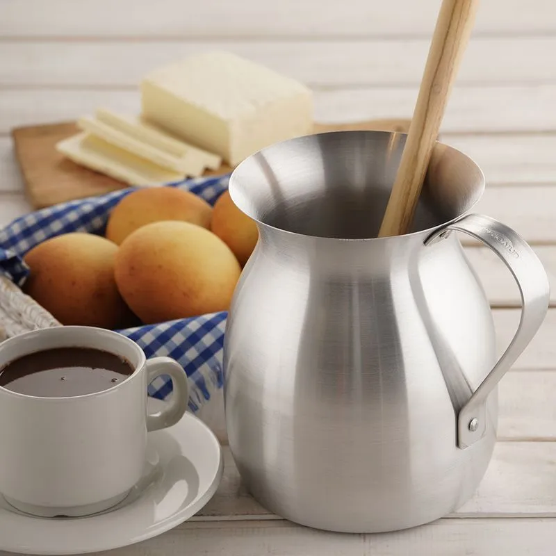 Home Elements 2 Liter Aluminum Hot Chocolate Pitcher Maker Chocolatera with Traditional Colombian Wooden Molinillo Whisk 14 Inch, Mexican Hot Cocoa Pot Bundle