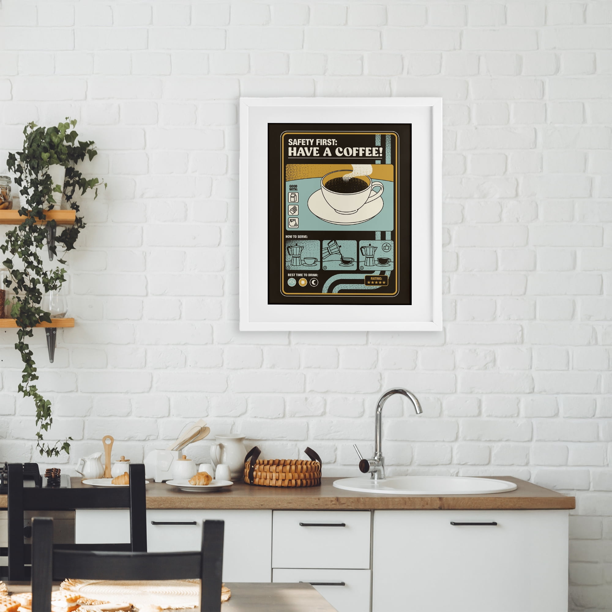 Stupell Industries Safety First Have A Coffee White Framed Print Under Glass, design by Tobe Fonseca
