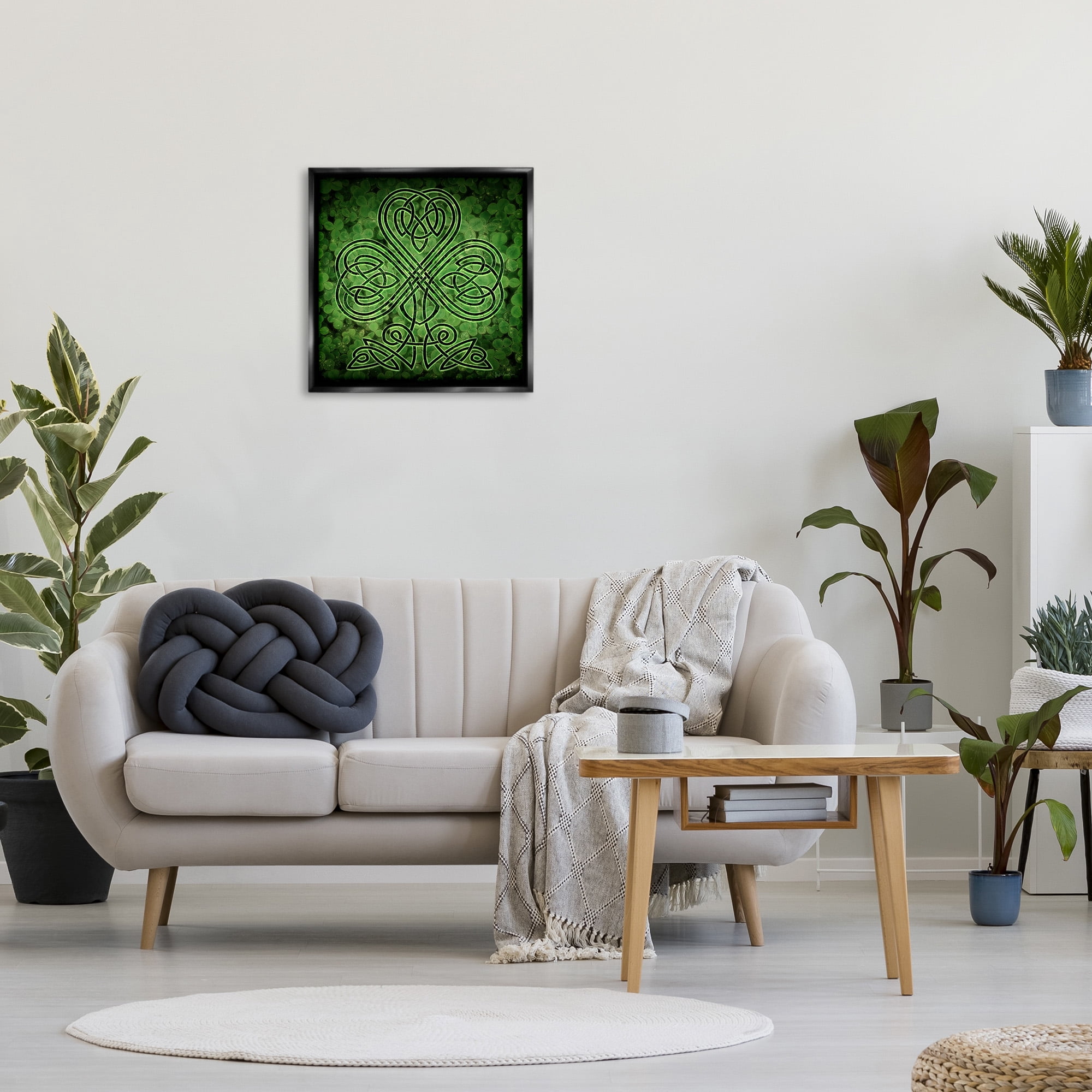 Stupell Industries Green Celtic Shamrock Knot Abstract Painting Black Floater Framed Canvas Art Print Wall Art, 25 x 25