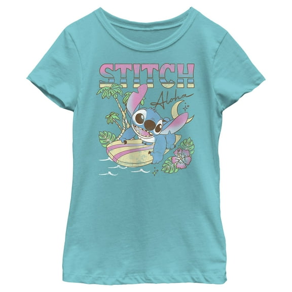 Girl's Lilo & Stitch Surfing Stitch Graphic Tee Tahiti Blue X Large