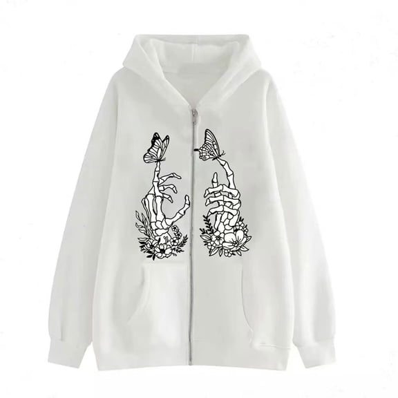 Gothic Skull Graphic Hoodie Y2K Butterfly Zipper Sweatshirt Unisex Oversized Casual Pullover