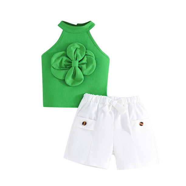 Odeerbi 9M-5Y Niñas Conjuntos de Verano Algodón Halter Tops Pantalones Cortos Conjunto de Dos Piezas Flor Sin Mangas Lazo