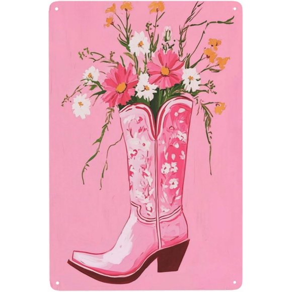 Letreros de metal con diseño de botas de vaquera y ramo de flores, decoración de pared de hojalata de 8 x 12 pulgadas