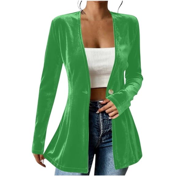 Cmfcve Women's Blazer Cardigan Jacket Velvet Button Open Front Long Sleeve Slim Fit Trendy Business Casual Suit Coat