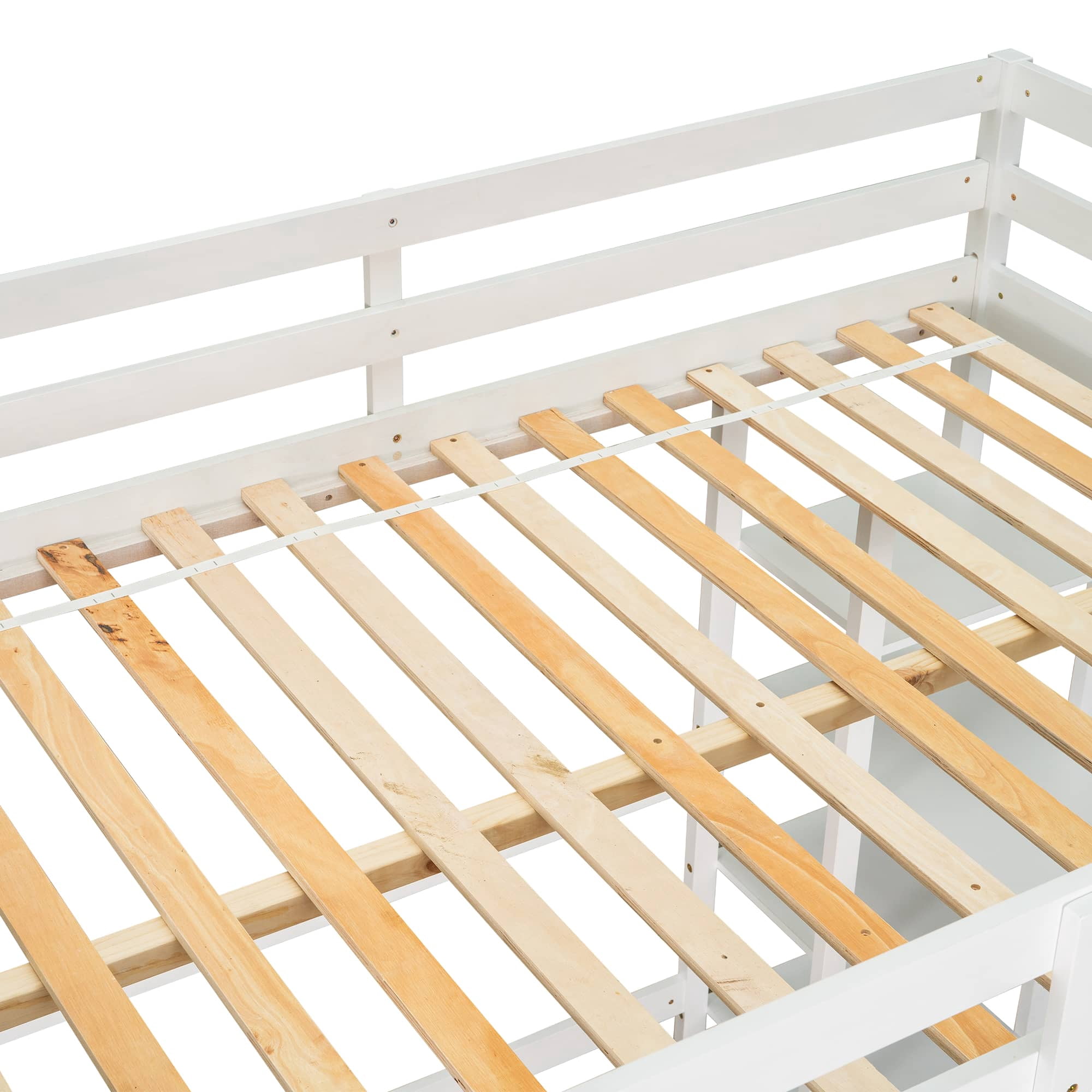 MAYEERTY Full Loft Bed with Desk, Shelves and Ladder, White