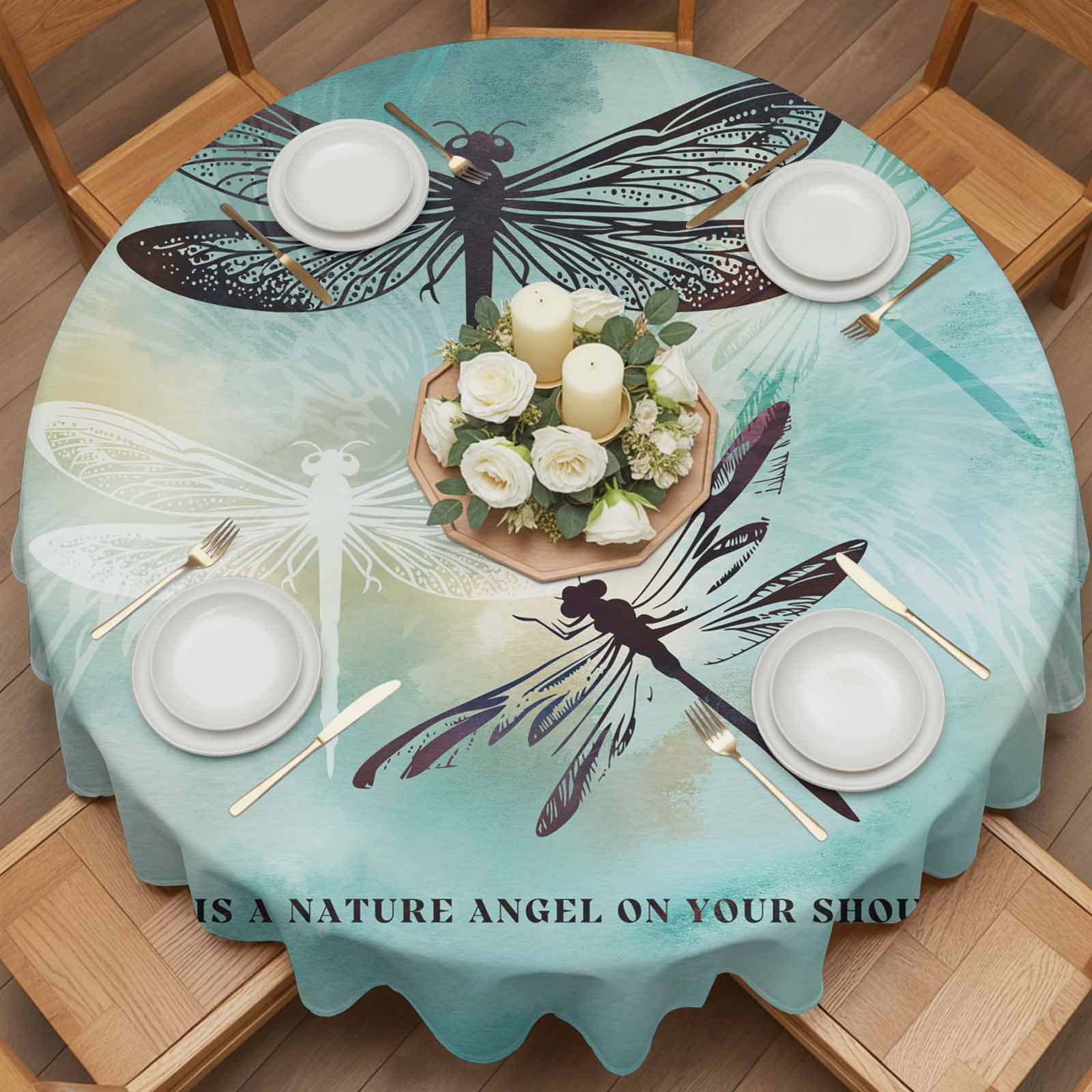 Round Tablecloth Vintage Dragonfly Waterproof Oil Proof Polyester Table Cloth Cover Decor for Home Dining Outdoor,Patio,Parties, 60" Dia. Teal Blue