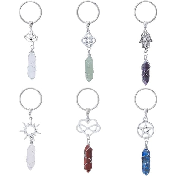 Natural Gemstone Keychain with Iron Findngs Antique Silver & Platinum 9~9.6cm 6pcs/set