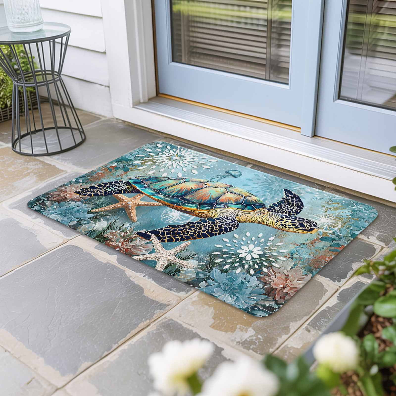 Coastal Sea Turtle Doormat Outdoor Entrance 16"x24", Vintage Teal Nautical Beach Botanical Absorb Moisture Dirt Door Mats, Non-Slip Rubber Backing Floor Mats Indoor, Low-Profile Front Door Rugs
