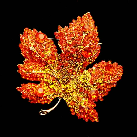 Jewelblings Vintage Stylish Yellow Orange Red Crystal Big Maple Leaf Brooch