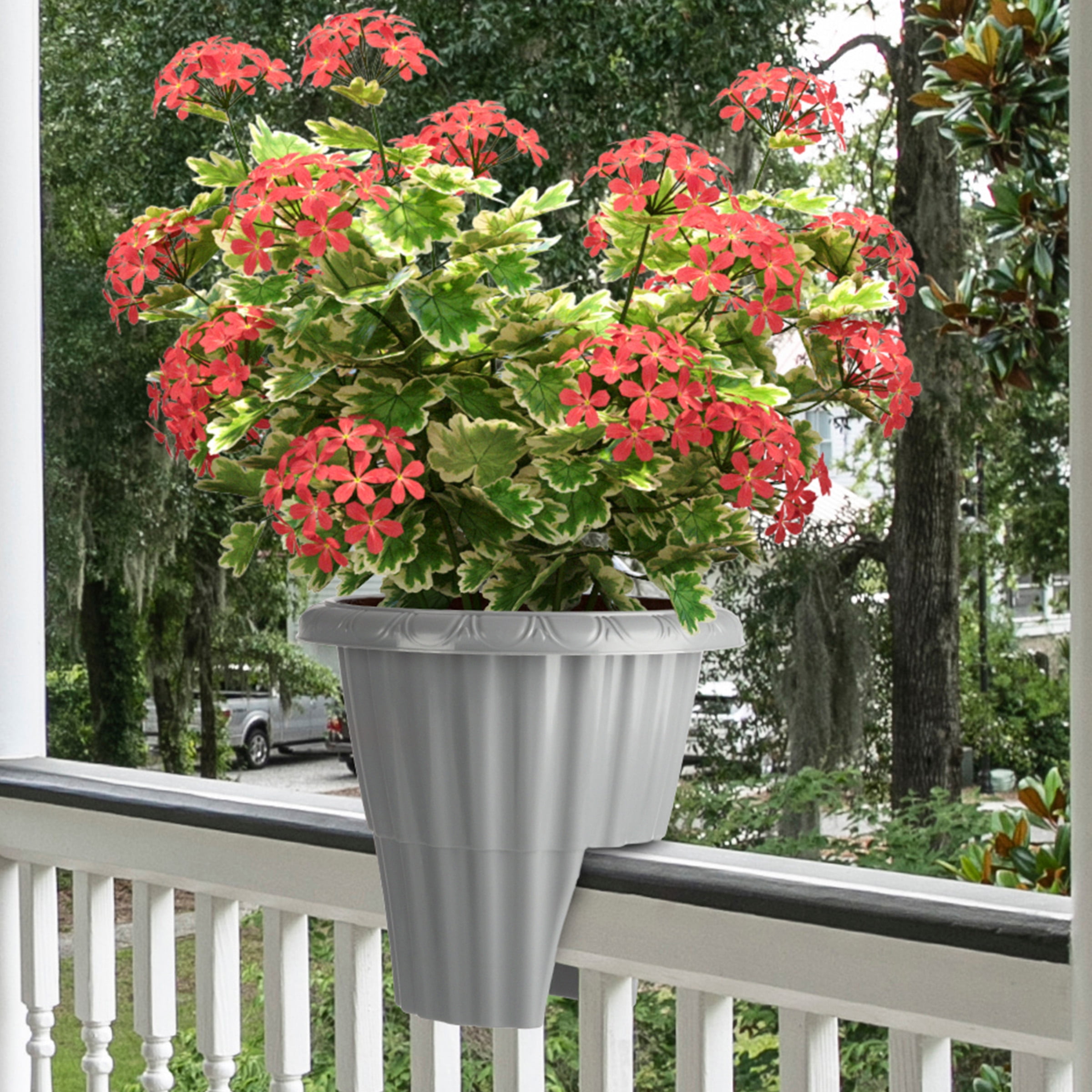 Pure Garden 13.5in Plastic Railing Planter - 2.6- gal Outdoor Flower Pot, Gray