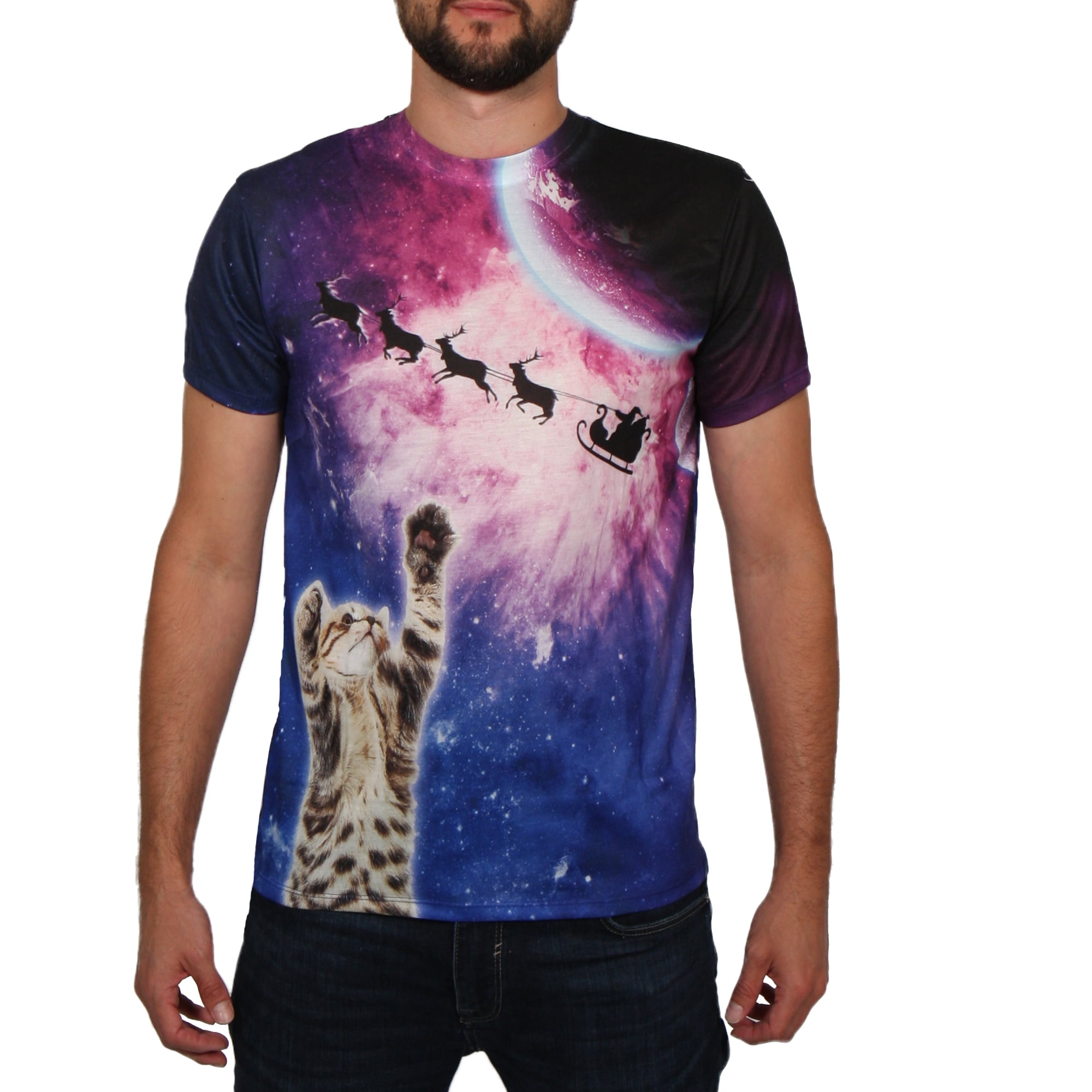 Galactic Xmas Cat Big Men's Long Sleeve Tee Shirt, 2XL