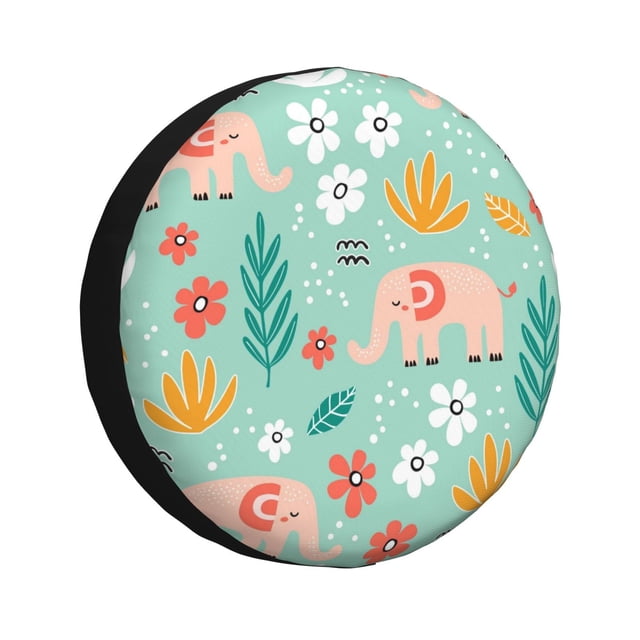 Fotbe Elephant and Flowers Funda de Llanta de Repuesto con Estampado, Engrosada, Ajuste Universal para Jeep, Remolque, RV, SUV, Camión-14 inch