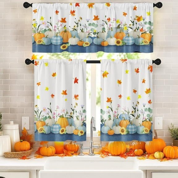 Fall Kitchen Window Curtains and Valances Set 36 Inch, Pumpkins Floral Maple Leaves Farmhouse Short Tier Curtain for Cafe Living Room Bathroom, Autumn Blue 3 Pieces Set Kitchen Decor