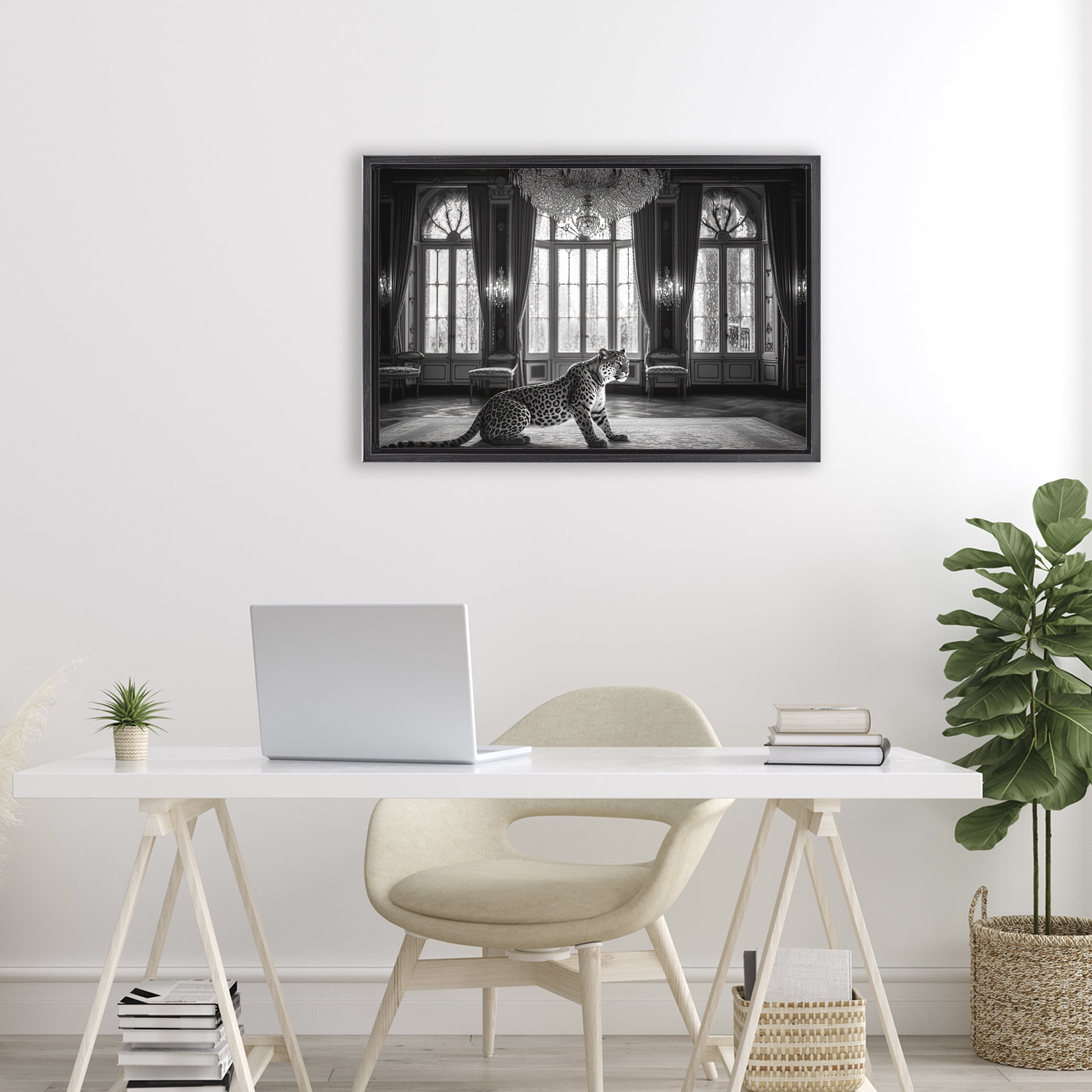 Snow Leopard in Opulent Mansion Black Framed Floater Canvas Wall Art, design by Decent Exposures