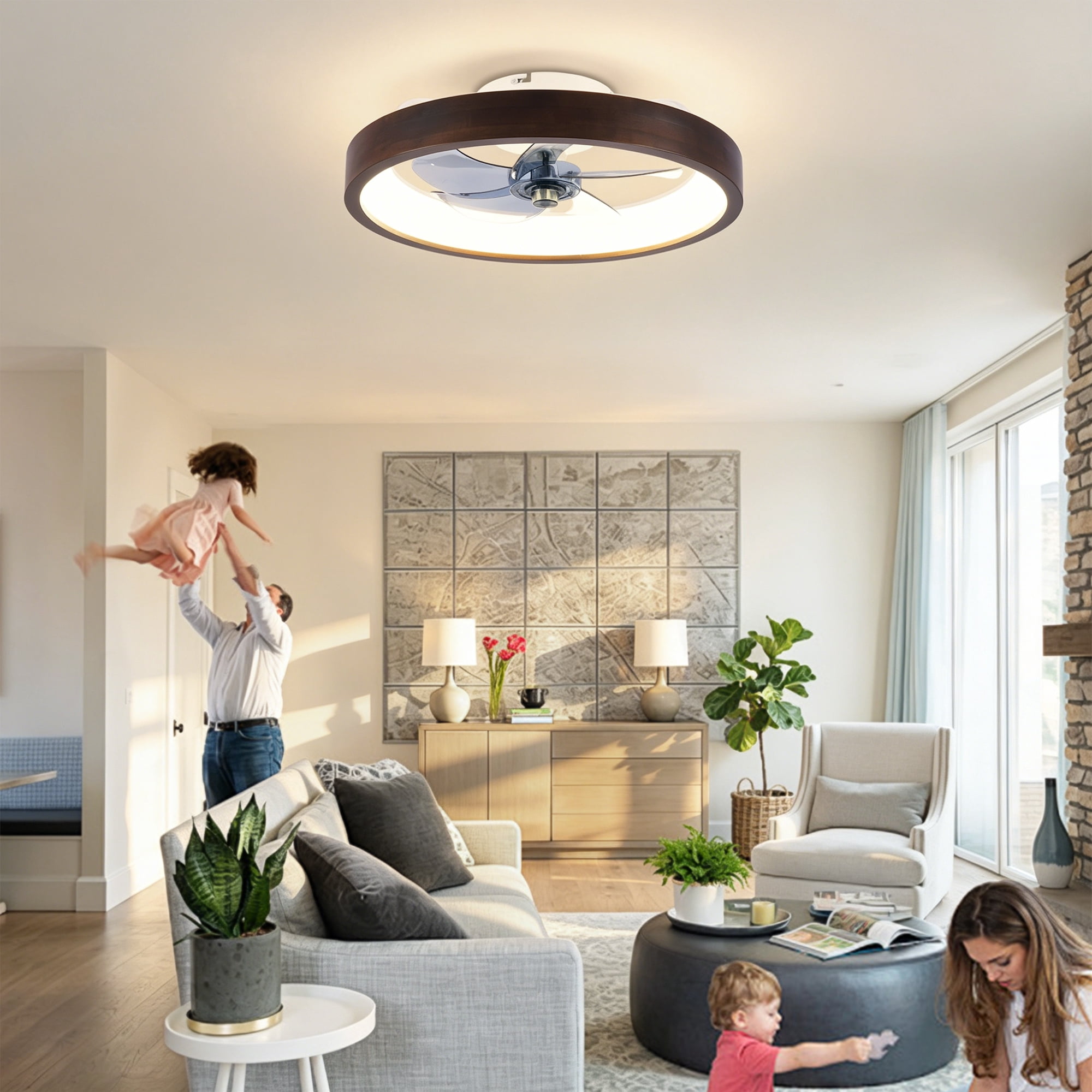 20" Flush Mount Ceiling Fan with Lights, 3000-6500K Dimmable LED, 6 Speeds Reversible Quiet DC Motor, Modern Farmhouse Ceiling Fan for Living Room Bedroom Kitchen, Wood & White